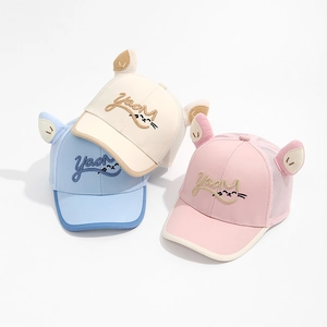 Kids Mesh Baseball Cap Cotton Breathable Summer Sun Hat Cute Cat Ear Embroidery Adjustable For Toddler Boys Girls