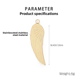 Detail view of golden stainless steel feather pendant with size and weight parameters