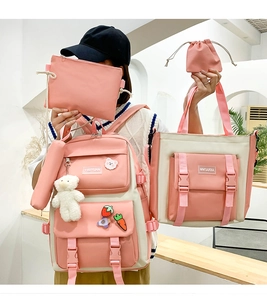 Pink and beige canvas backpack 4-piece set including tote bag and plush bear charm