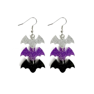 Three-layer Halloween bat earrings in silver purple and black glitter acrylic