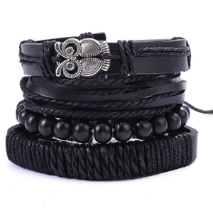 Ensemble de bracelets multicouches en cuir noir pour homme avec breloque hibou