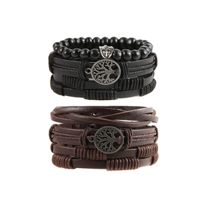Handmade multilayer leather bracelet set for men with peace tree and cross pendants