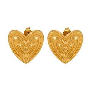 Elegant heart-shaped gold plated titanium steel earrings with textured concentric ridges
