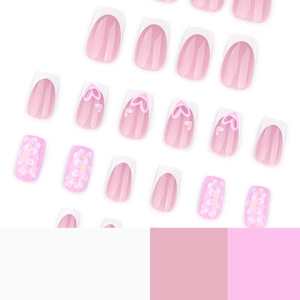 Pink and white french press-on nails with floral and heart patterns in a square shape