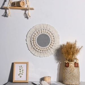 Bohemian woven wall mirror with cotton tassels and wooden beads for home decor