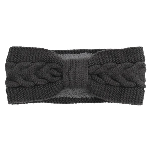 Detailed view of dark grey knitted headband with thick cable stitch and fleece lining
