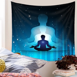 Detailed view of zen meditation tapestry with starry sky patterns in a bedroom setting