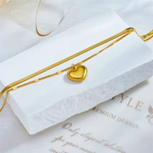 Double-layered gold snake chain anklet with heart pendant and Love You engraving