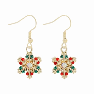 Detailed view of gold snowflake earrings with red and green crystals for Christmas