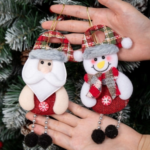 Handcrafted Christmas Santa and Snowman hanging ornaments with red plaid fabric detail