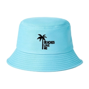Light blue cotton canvas bucket hat with Beaches Love Me text and palm tree print