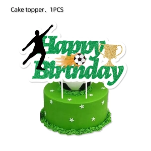 Glittery green soccer happy birthday cake topper with trophy and player silhouette