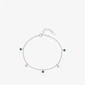 925 Sterling Silver Bead Chain Bracelet With Green Cubic Zirconia And Star Charms Retro Vintage Elegant For Women
