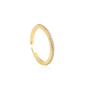 Detailed view of gold-plated open ring with micro-pave zircon crystals and adjustable band