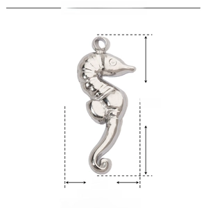 Technical drawing of a seahorse pendant showing 16x7mm size and stainless steel material