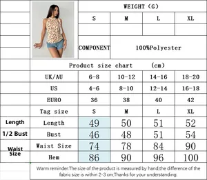 Detailed size chart for floral halter top with US UK and Euro measurement conversions