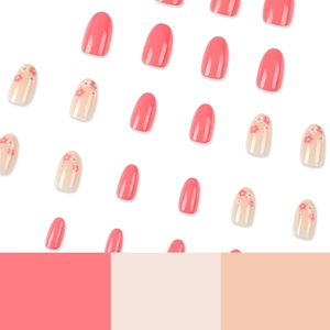 Pink press-on nail kit featuring floral designs and solid colors with round oval tips