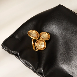 18k gold plated stainless steel open ring with three champagne zirconia stones