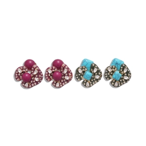 Irregular acrylic resin earrings with rhinestones in purple and olive green colors