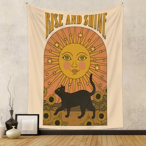 Rise and Shine tapestry with black cat, sun, and sunflowers for room wall decoration