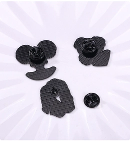 Detail view of hip-hop badge backings featuring secure butterfly clasps and metal mesh texture