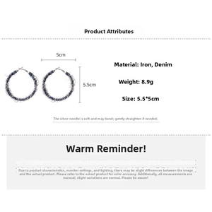 Detail view of denim C-shaped earrings with 8.9g weight and 5.5x5cm size specifications