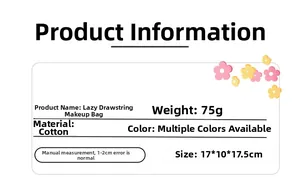 Quilted cotton drawstring makeup bag specifications and size details on product chart