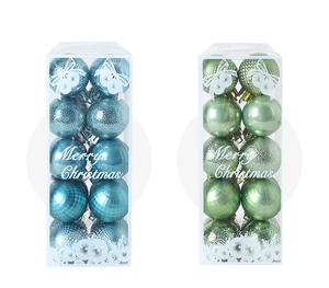 Blue and sage green Christmas ball ornaments set in a box with multiple textures and finishes
