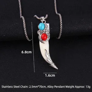 Collier pendentif dent de loup ethnique en acier inoxydable avec pierres colorées