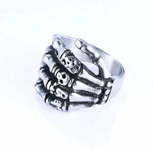 Vintage stainless steel skull hand ring featuring gothic skeletal palm details in retro silver
