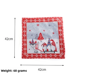 Detailed view of square Christmas gnome cushion cover with snowflake border, 42x42cm size
