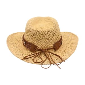 Detail of hollow-out straw sun hat featuring ethnic embroidery ribbon and leather bow tie