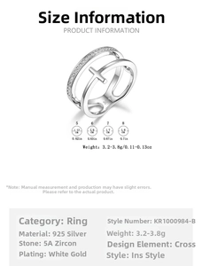 Size chart for 925 sterling silver cross ring with 5A zircon and plating details