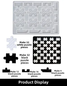 Macro detail of translucent silicone puzzle mold with finished black and white resin pieces