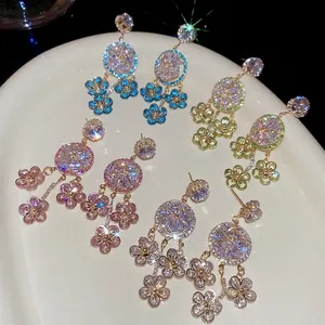 Flower Tassel Dangle Earrings For Women With 925 Sterling Silver Earring Post Sparkling Zircon Copper Luxury Jewelry