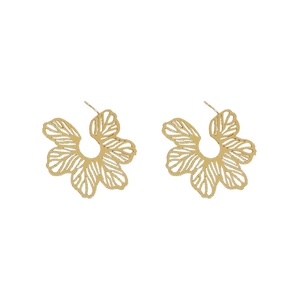 Vintage hollow flower and leaf stud earrings in gold finish with minimalist metal design