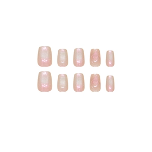 Faux ongles faits main rose aurore avec effet œil de chat et design carré scintillant