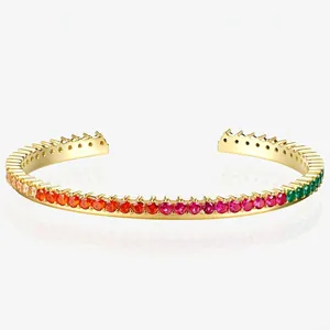 Luxury 925 Sterling Silver Rainbow Zirconia Open Bangle For Women Colorful Gradient Single Row Stone C-Shape Bracelet Jewelry