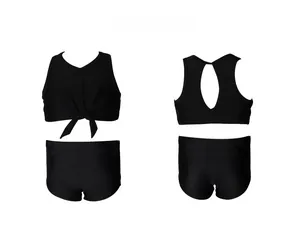 Front and back detail of black two-piece swimsuit with cutout back and front knot