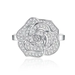 S925 Sterling Silver Camellia Flower Ring For Women Vintage Luxurious Rhinestone Inlaid Rose Flower Elegant Jewelry Ring Finger Ornament