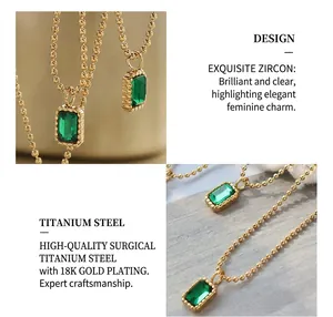Macro shot of 18K gold plated necklace with emerald-style zircon and surgical titanium steel