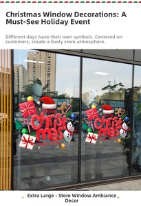 Close-up of Merry Christmas window stickers with snowman and gingerbread man holiday motifs