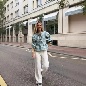 French style plaid blouse with puff sleeves and tie-neck detail for women in green and blue