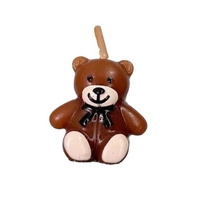 Cute brown teddy bear shaped candle for birthday cake decoration with a black bow tie