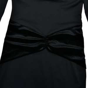 Detailed view of the elegant waist ruching and satin fabric on this slim fit black dress