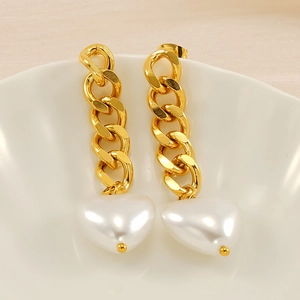 18K gold plated stainless steel long chain earrings with elegant white heart pendants