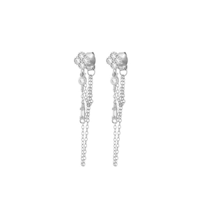 Elegant silver tassel earrings featuring clover motif and sparkling zircon crystal fringe