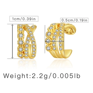 Detailed view of 18K gold plated C-shaped ear cuffs with micro-set cubic zirconia crystals