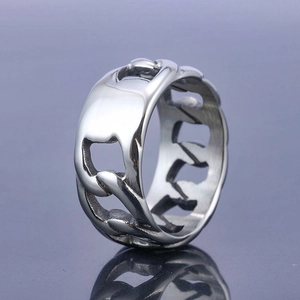 Polished silver stainless steel ring featuring a unique hollow chain link design for men