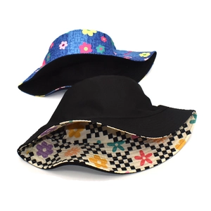 Dual-sided bucket hat with colorful floral print and trendy checkerboard lining design